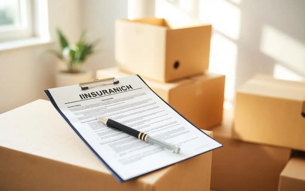 Insurance paperwork and pen resting on moving boxes
