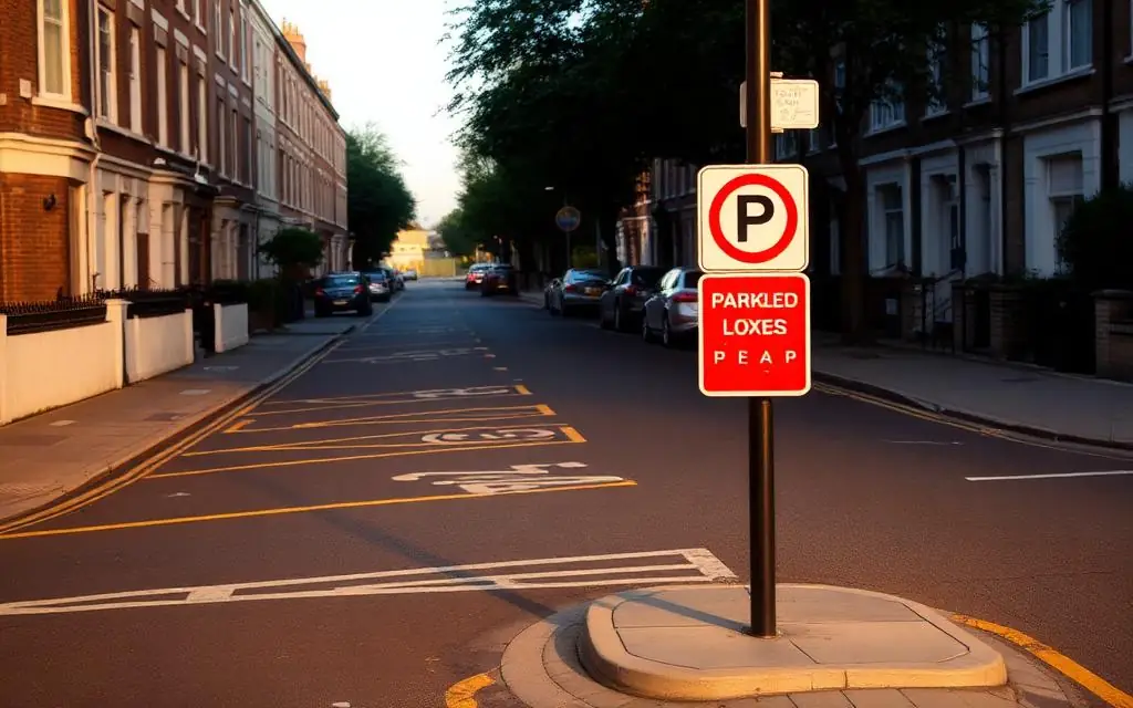 London residential street with parking bay markings and permit signage