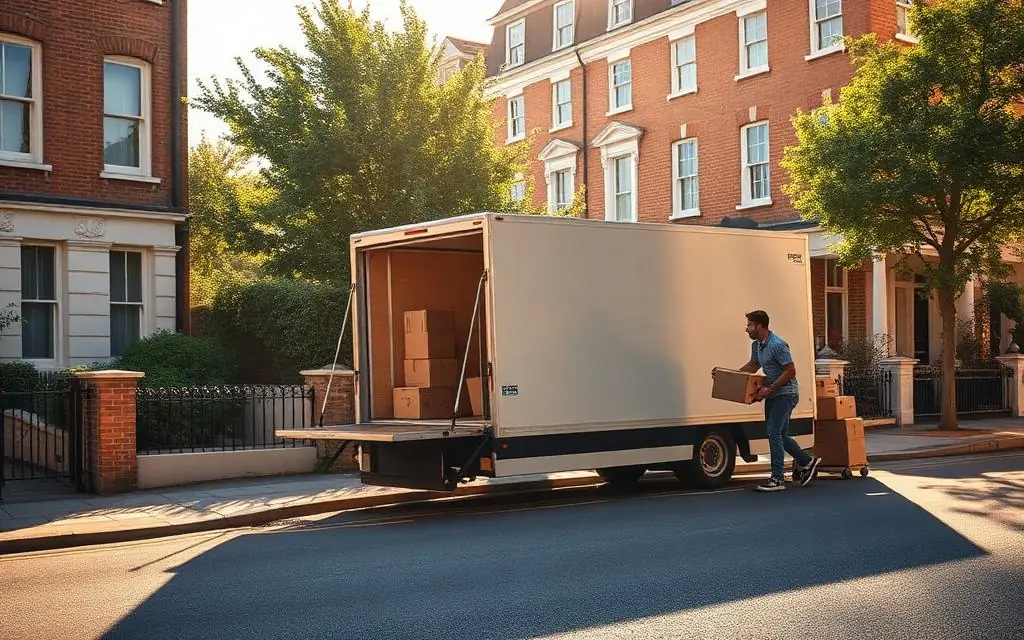 Removals van loading boxes on a London terraced street