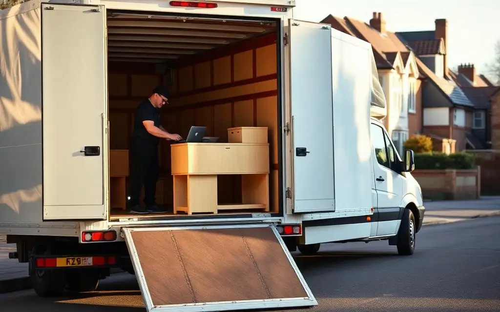 Man and van removals van with tail lift being loaded with furniture