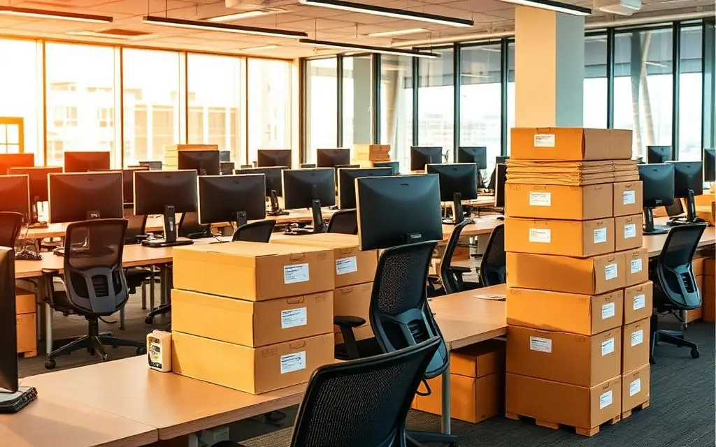 Office desks and monitors surrounded by labelled removal boxes