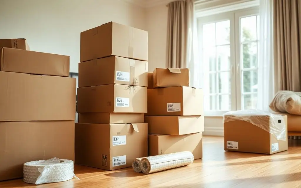 Labelled cardboard moving boxes and packing materials in a bright room